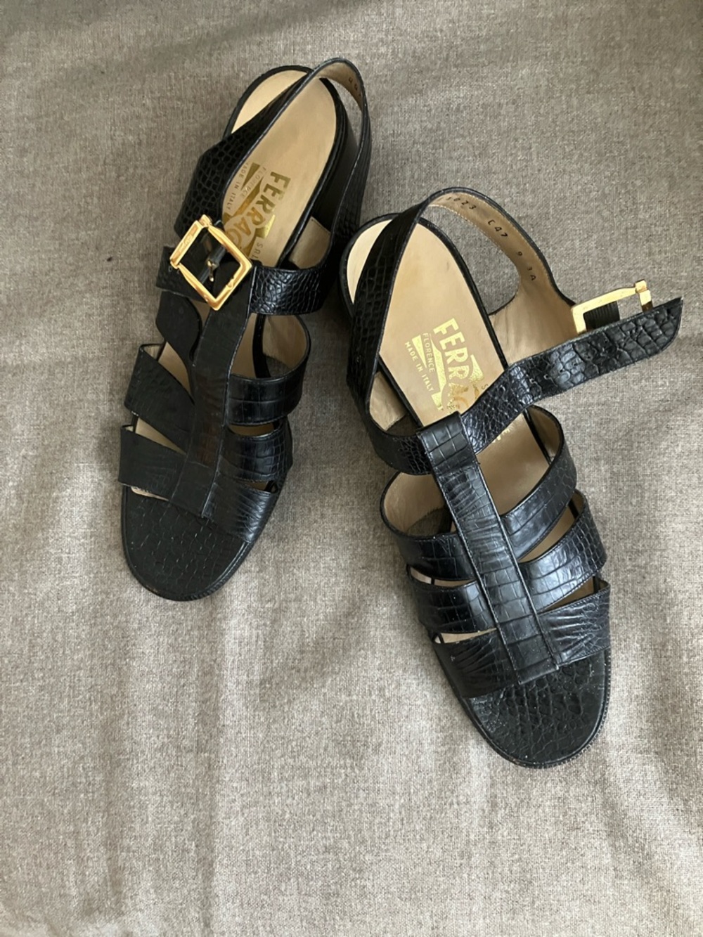 Salvatore Ferragamo Black Croc-Embossed Leather Strappy Sandals with Gold Buckle